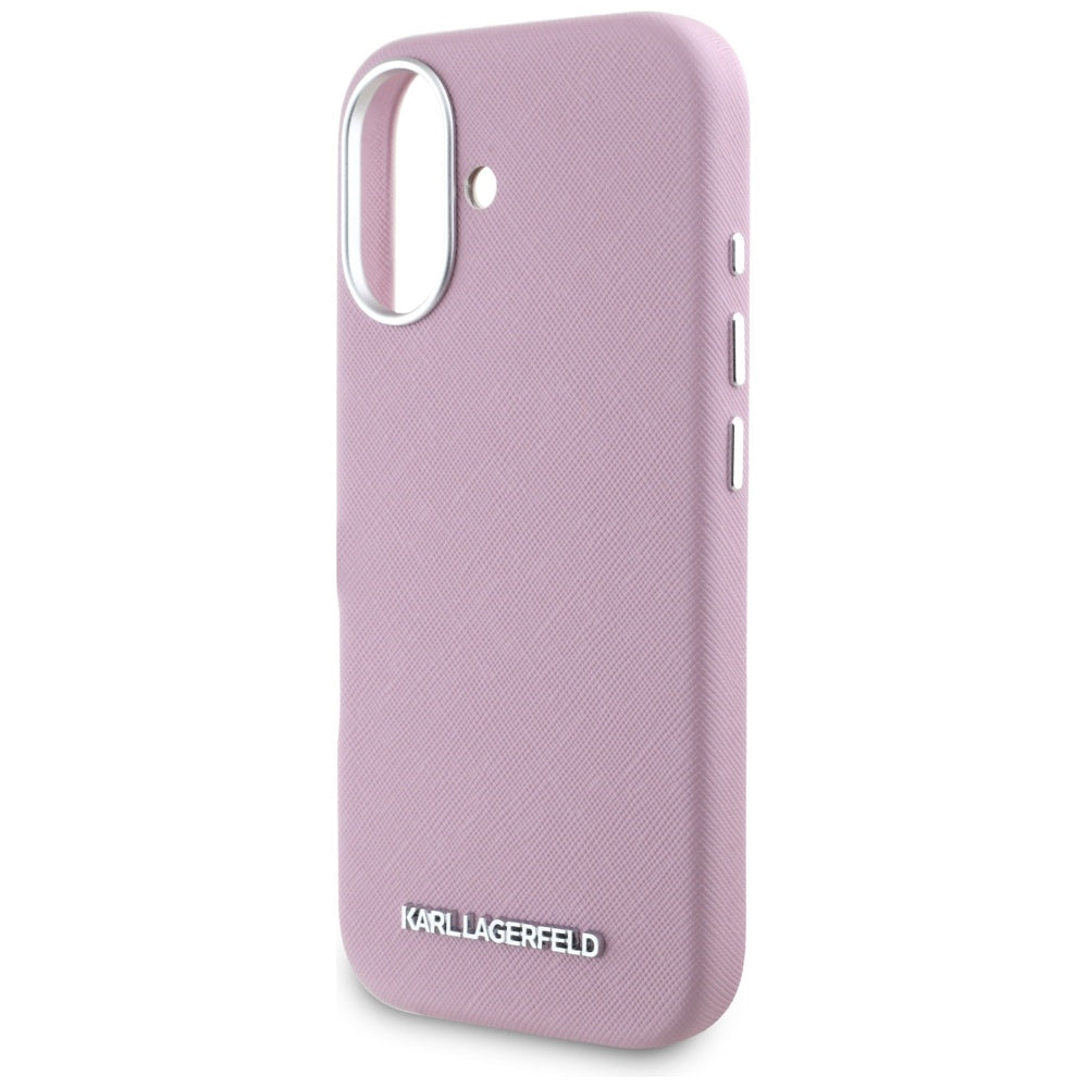 MagSafe-skal för Apple iPhone 16, Karl Lagerfeld, Saffiano Full Wrapped Elongated Metal Logo, Rosa