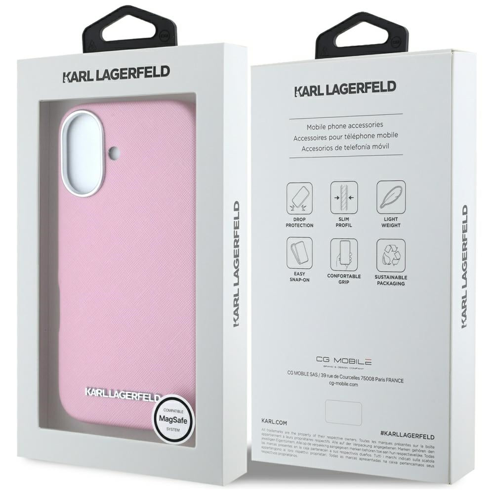 MagSafe-skal för Apple iPhone 16, Karl Lagerfeld, Saffiano Full Wrapped Elongated Metal Logo, Rosa