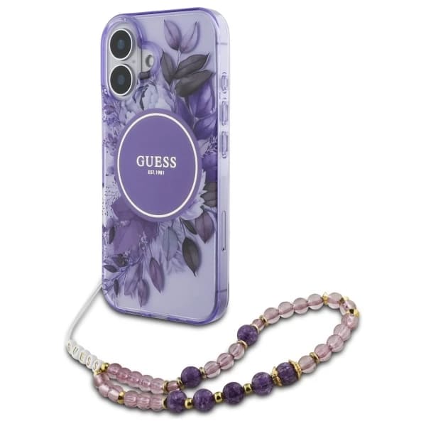 MagSafe-skal för Apple iPhone 16 Plus, Guess, IML Flowers with Pearl Strap, Lila
