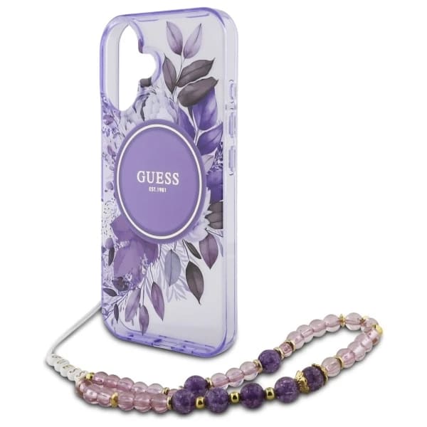 MagSafe-skal för Apple iPhone 16 Plus, Guess, IML Flowers with Pearl Strap, Lila