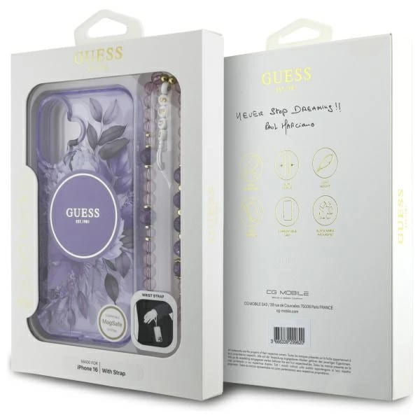 MagSafe-skal för Apple iPhone 16 Plus, Guess, IML Flowers with Pearl Strap, Lila