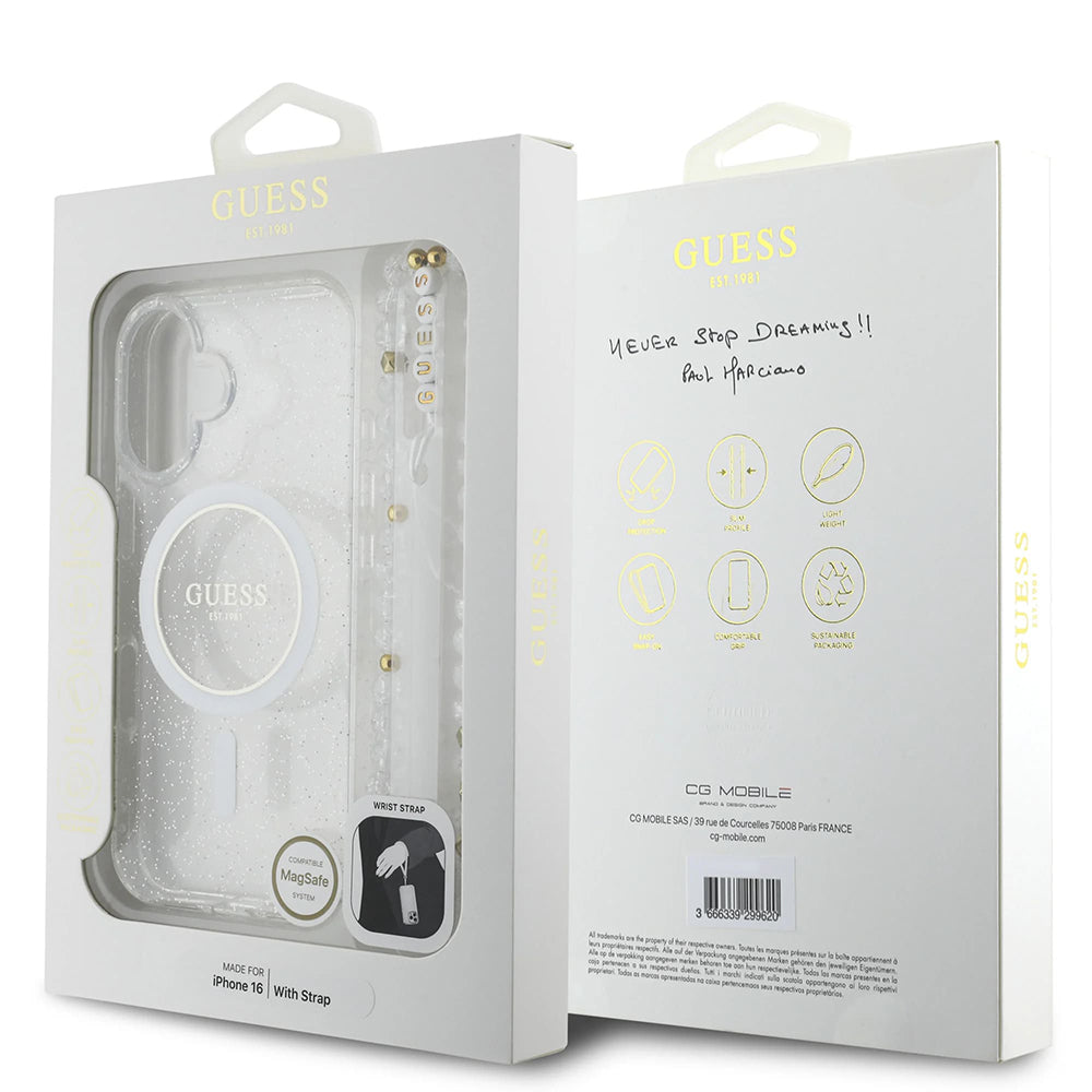 MagSafe-skal för Apple iPhone 16 Plus, Guess, IML Glitter med Pärlrem, Transparent