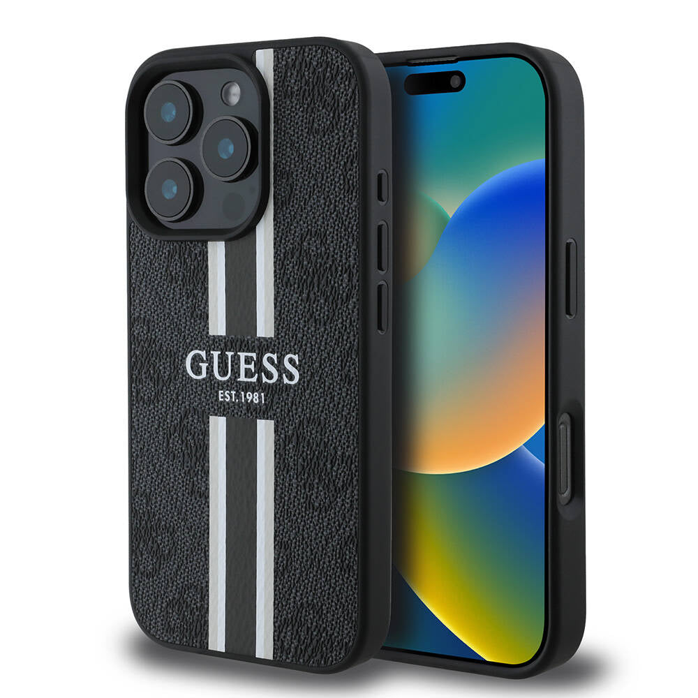 MagSafe-skal för Apple iPhone 16 Pro, Guess, 4G Printed Stripes, Svart