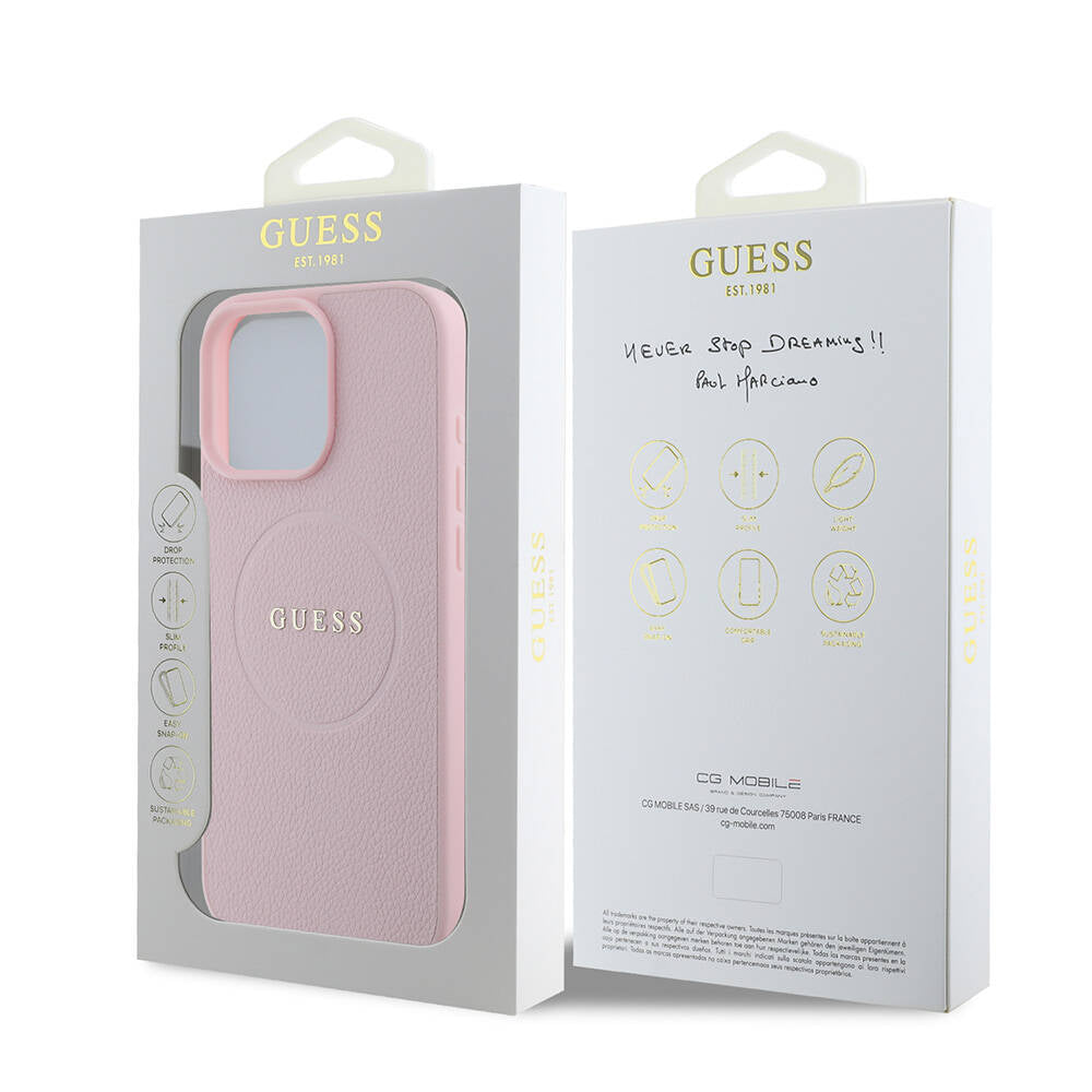MagSafe Case for Apple iPhone 16 Pro, Guess, Grained Gold Ring, Pink