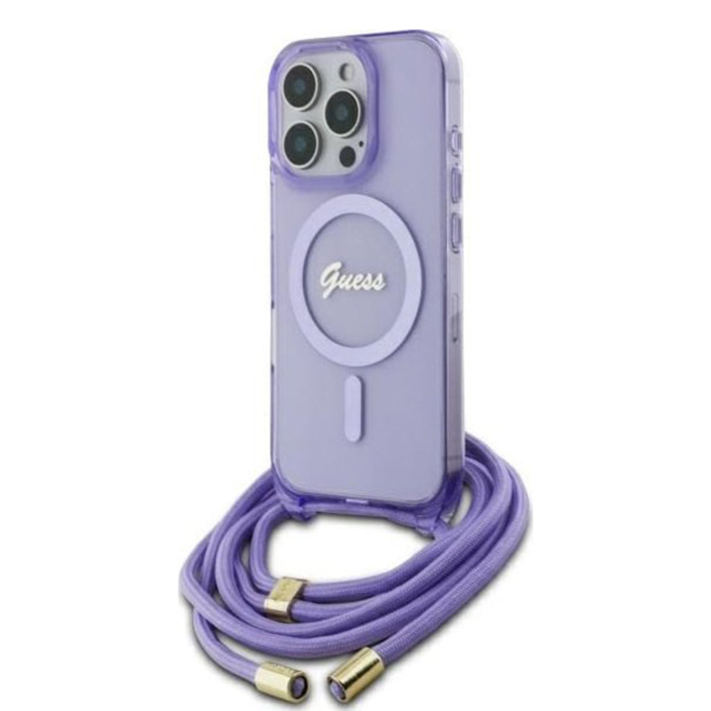 MagSafe-fodral för Apple iPhone 16 Pro, Guess, IML Crossbody Cord Script, Lila