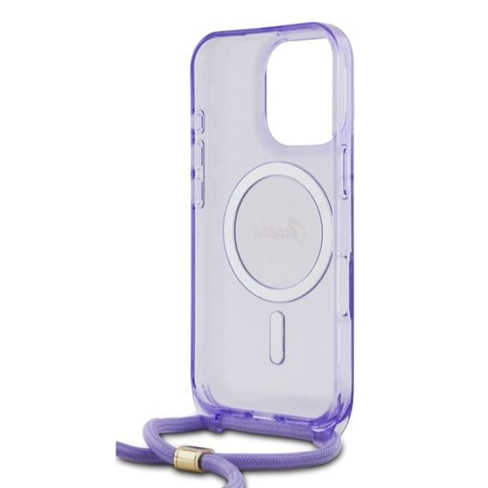 MagSafe-fodral för Apple iPhone 16 Pro, Guess, IML Crossbody Cord Script, Lila