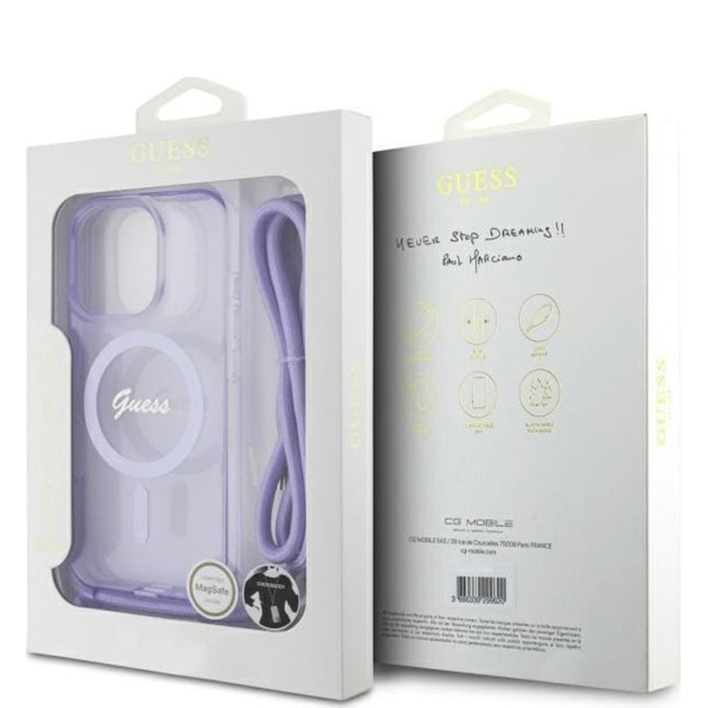 MagSafe-fodral för Apple iPhone 16 Pro, Guess, IML Crossbody Cord Script, Lila