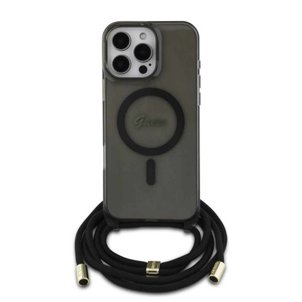 MagSafe Case for Apple iPhone 16 Pro, Guess, IML Crossbody Cord Script, Black