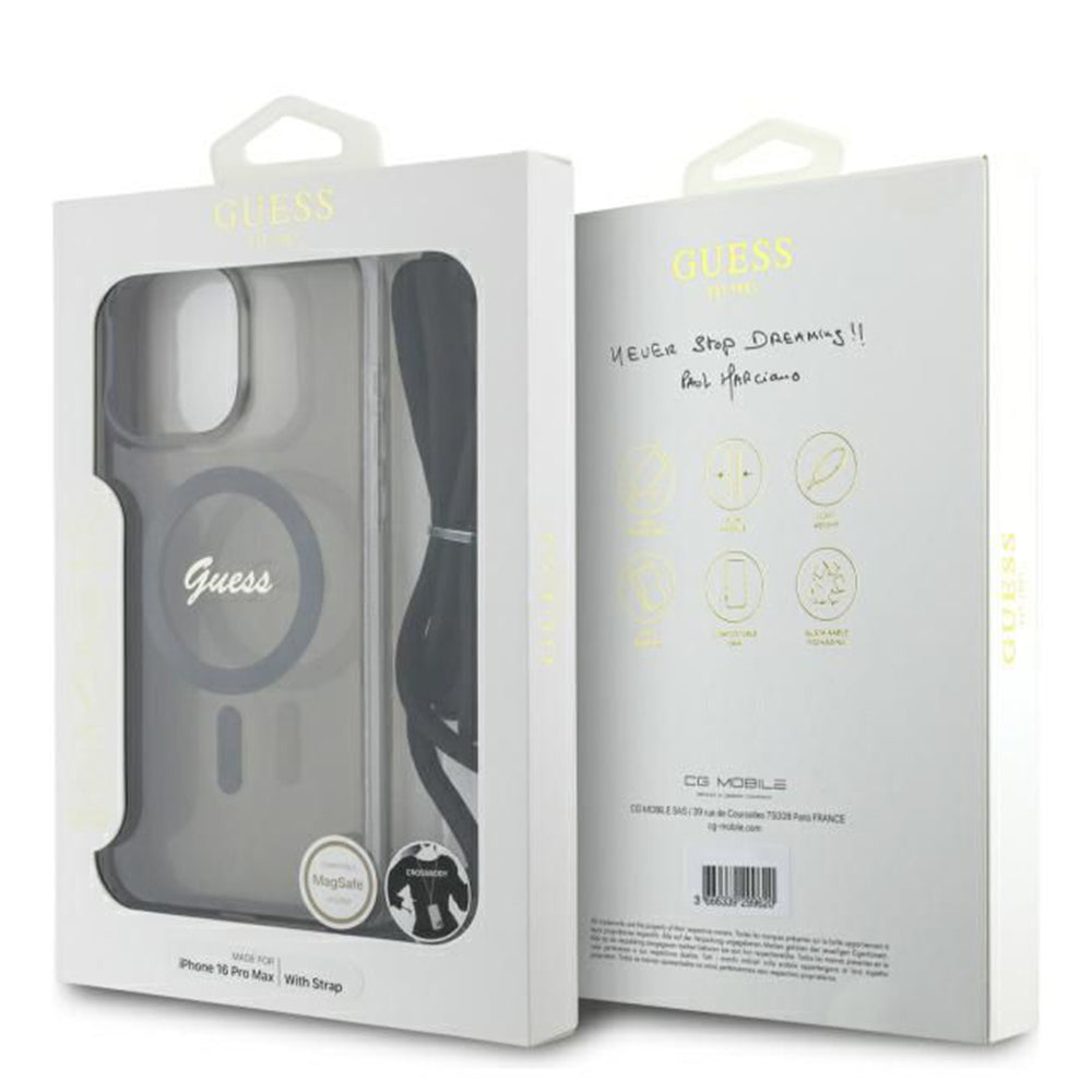 MagSafe Case for Apple iPhone 16 Pro, Guess, IML Crossbody Cord Script, Black