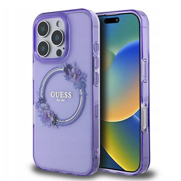 MagSafe-skal för Apple iPhone 16 Pro, Guess, IML Flowers Wreath, Lila