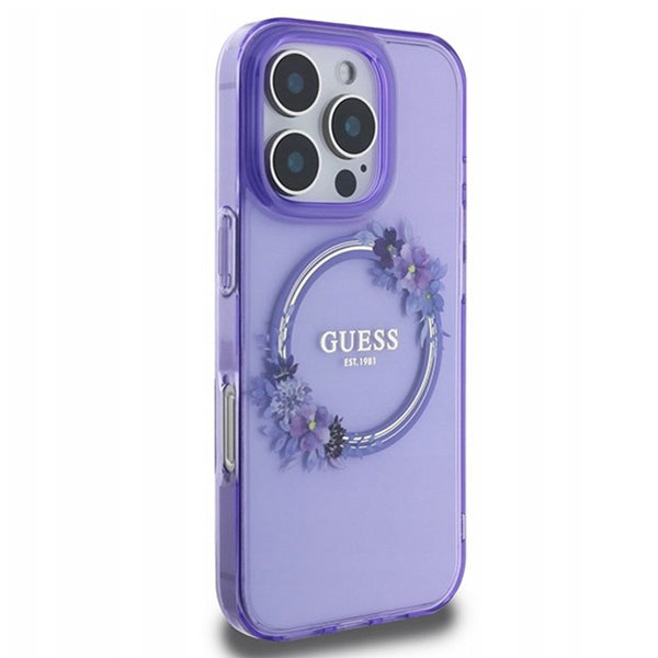 MagSafe-skal för Apple iPhone 16 Pro, Guess, IML Flowers Wreath, Lila