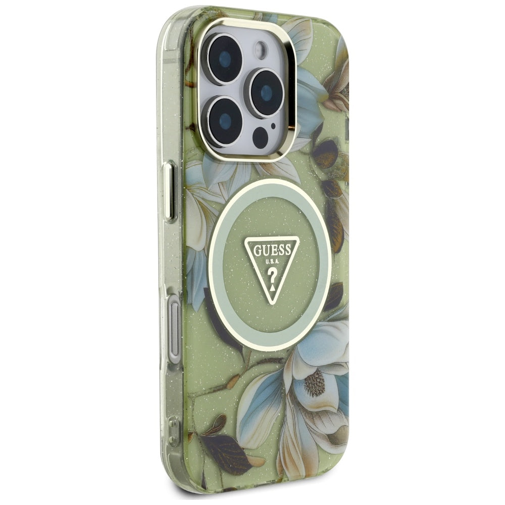 MagSafe-skal för Apple iPhone 16 Pro, Guess, IML Metal Glitter Flowers Triangle, Grön