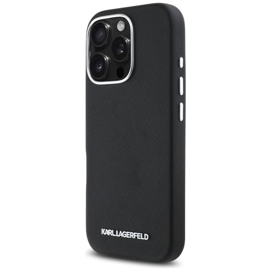 MagSafe-skal för Apple iPhone 16 Pro, Karl Lagerfeld, Saffiano Full Wrapped Elongated Metal Logo, Svart