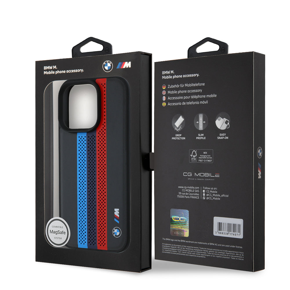 MagSafe-skal för Apple iPhone 16 Pro Max, BMW, Perforated M Perf. Tricolor Stripers, Svart