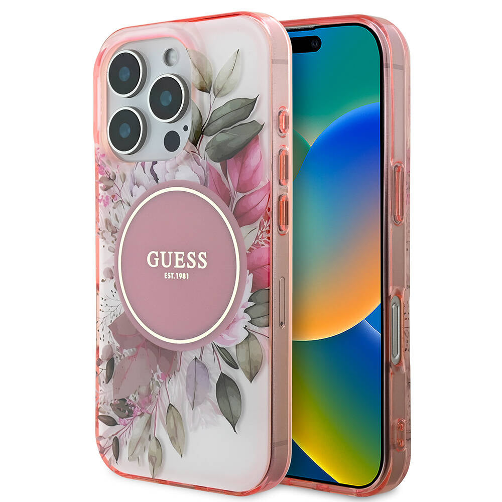 MagSafe-skal för Apple iPhone 16 Pro Max, Guess, IML Flower & Tonal Circle, Rosa