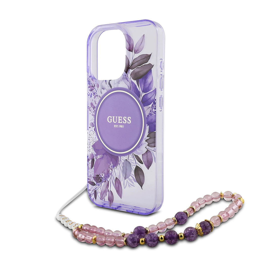 MagSafe-skal för Apple iPhone 16 Pro Max, Guess, IML Flowers with Pearl Strap, Lila