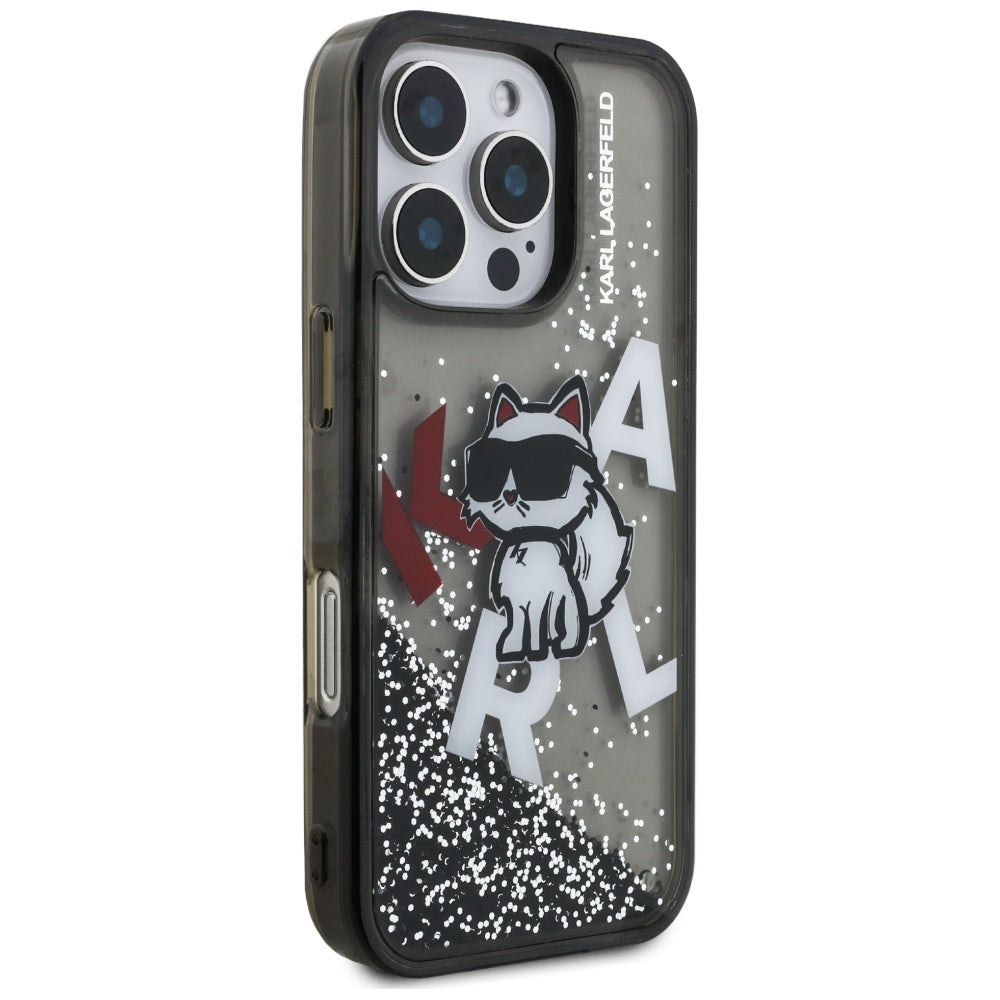 MagSafe-skal för Apple iPhone 16 Pro Max, Karl Lagerfeld, Liquid Glitter Choupette Logo, Svart