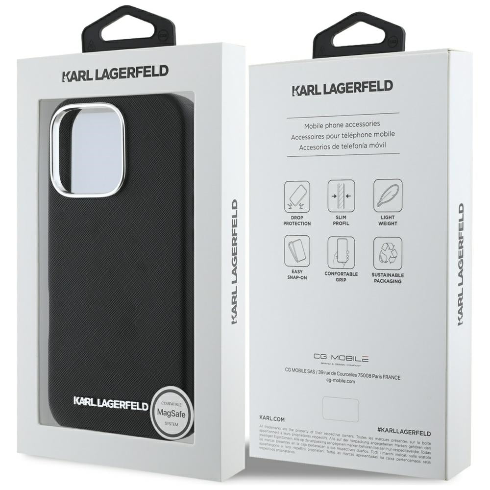 MagSafe-skal för Apple iPhone 16 Pro Max, Karl Lagerfeld, Saffiano Full Wrapped Elongated Metal Logo, Svart