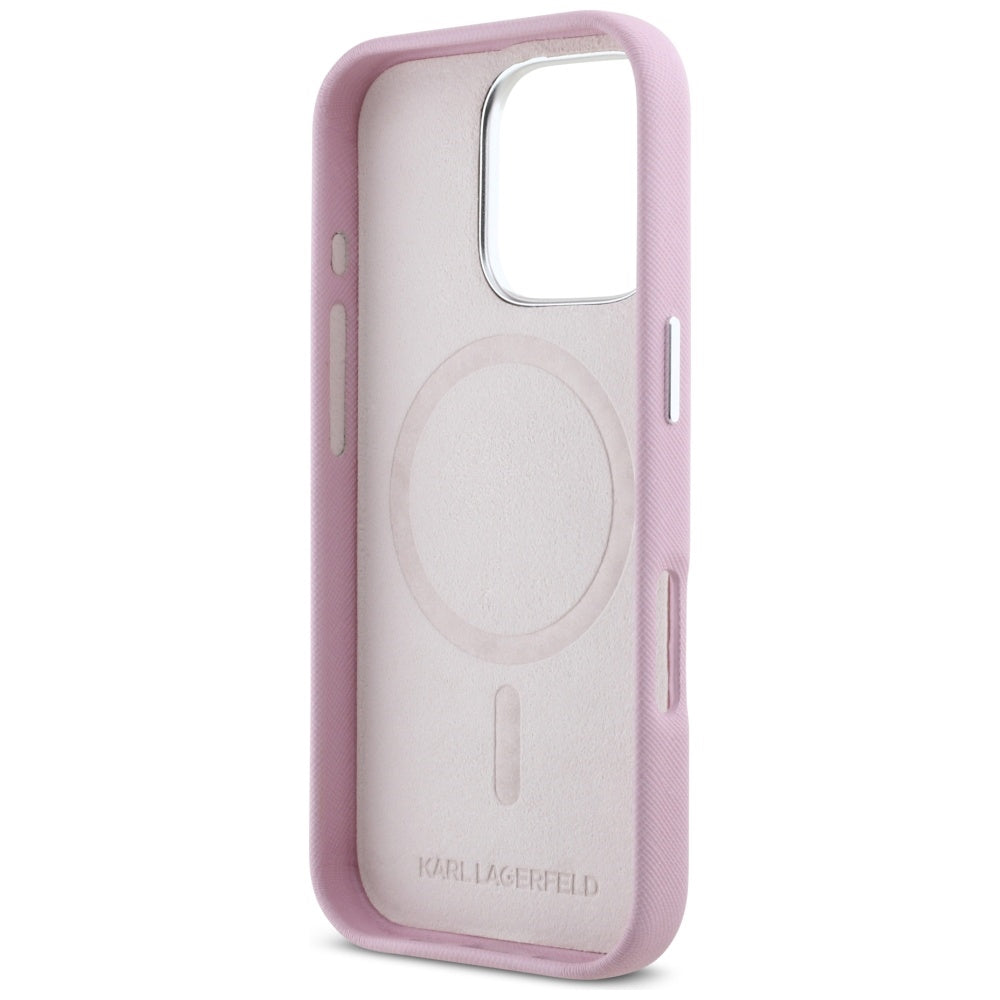 MagSafe-skal för Apple iPhone 16 Pro Max, Karl Lagerfeld, Saffiano Full Wrapped Elongated Metal Logo, Rosa