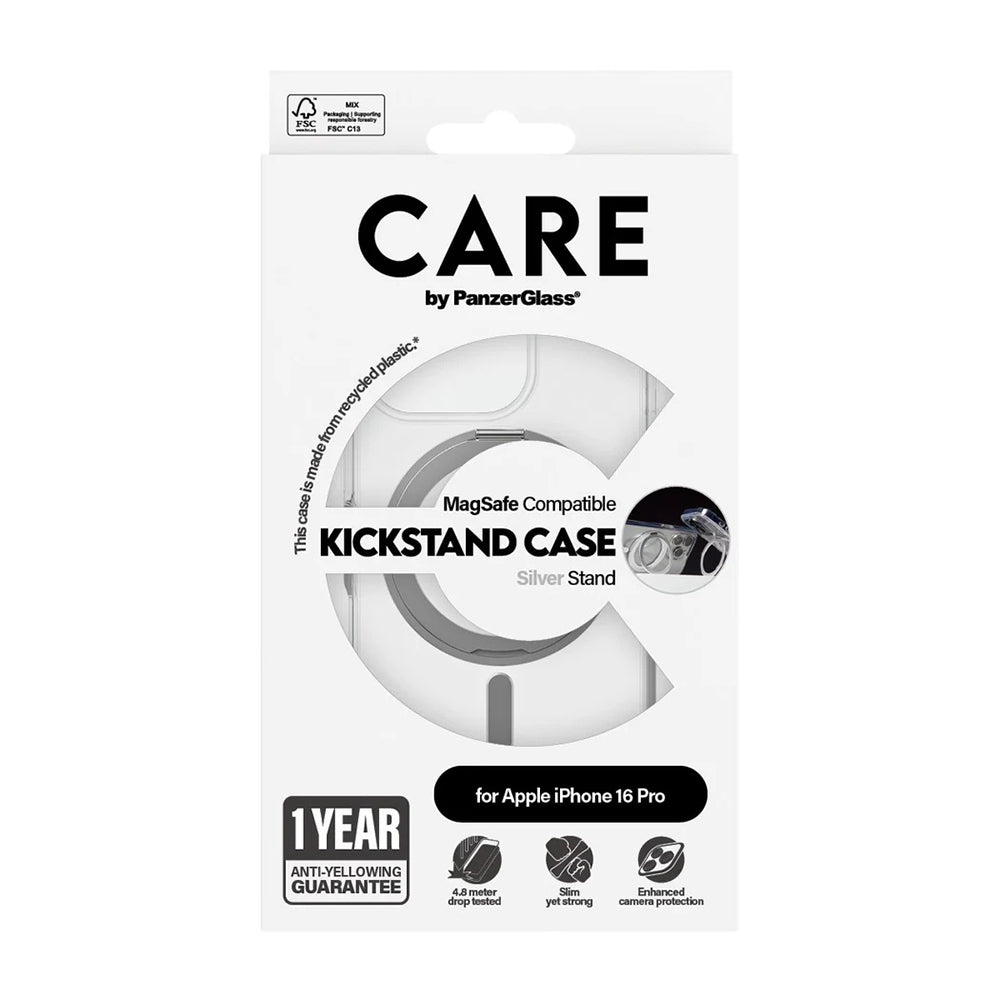 MagSafe-skal för Apple iPhone 16 Pro, PanzerGlass, Care Feature Kickstand, Silver Transparent