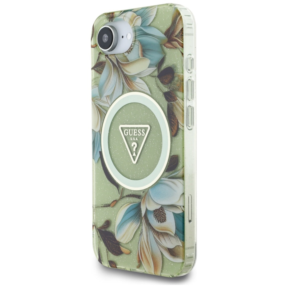 MagSafe-skal för Apple iPhone 17e / 16e, Guess, IML Metal Glitter Flowers Triangle, Grön