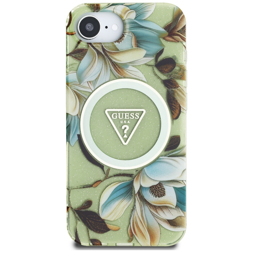 MagSafe-skal för Apple iPhone 17e / 16e, Guess, IML Metal Glitter Flowers Triangle, Grön