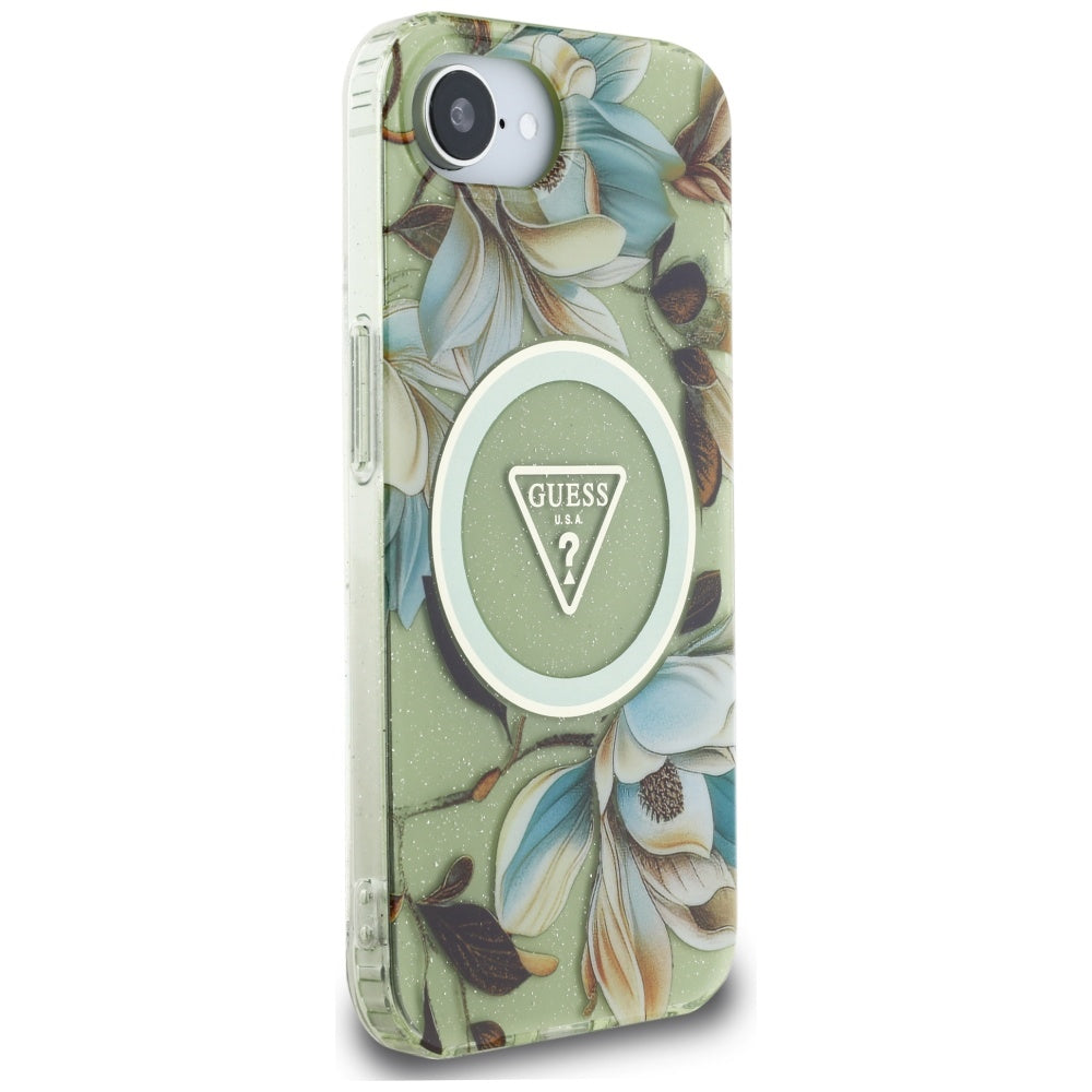 MagSafe-skal för Apple iPhone 17e / 16e, Guess, IML Metal Glitter Flowers Triangle, Grön