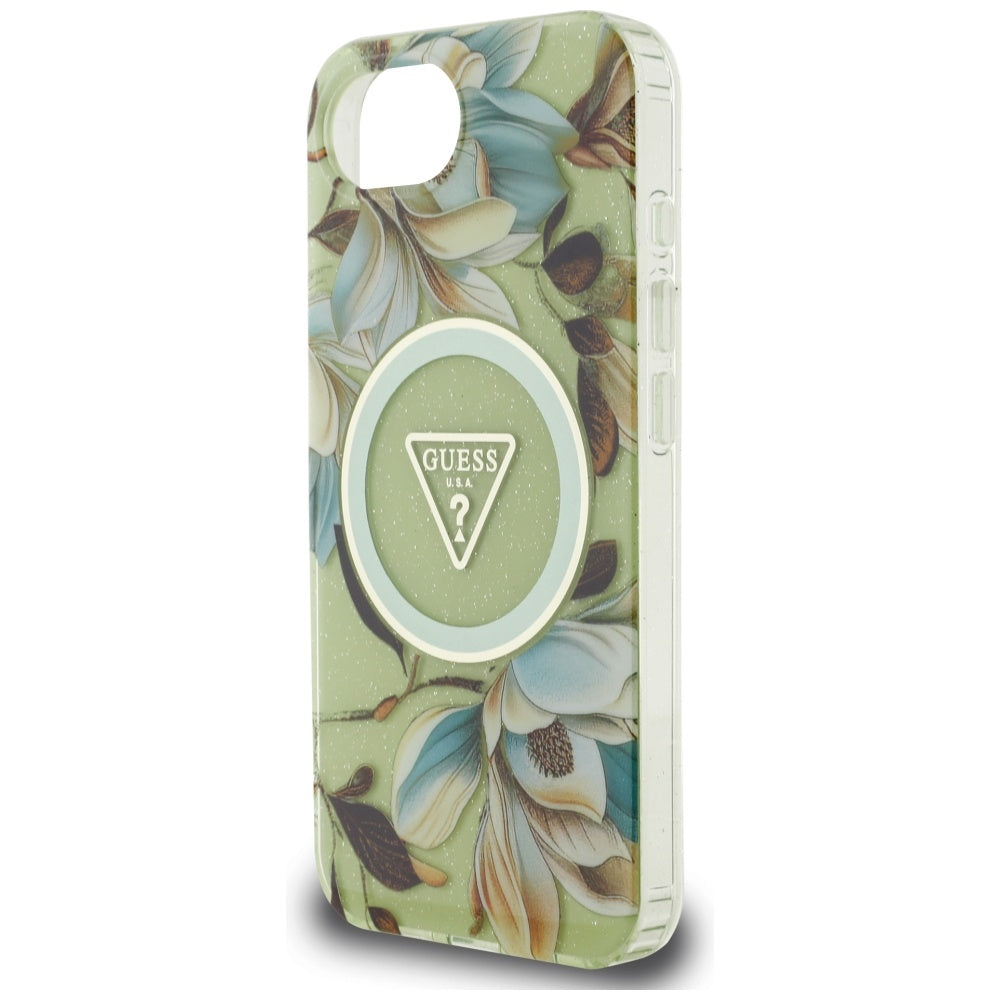 MagSafe-skal för Apple iPhone 17e / 16e, Guess, IML Metal Glitter Flowers Triangle, Grön