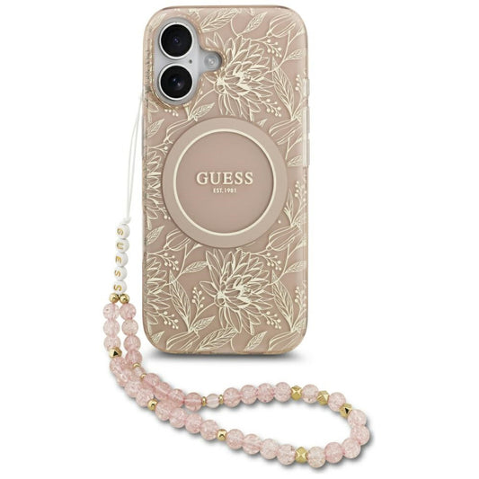 MagSafe-skal för Apple iPhone 17, Guess, IML Flowers Allover Electroplated with Pearl Strap, Svart
