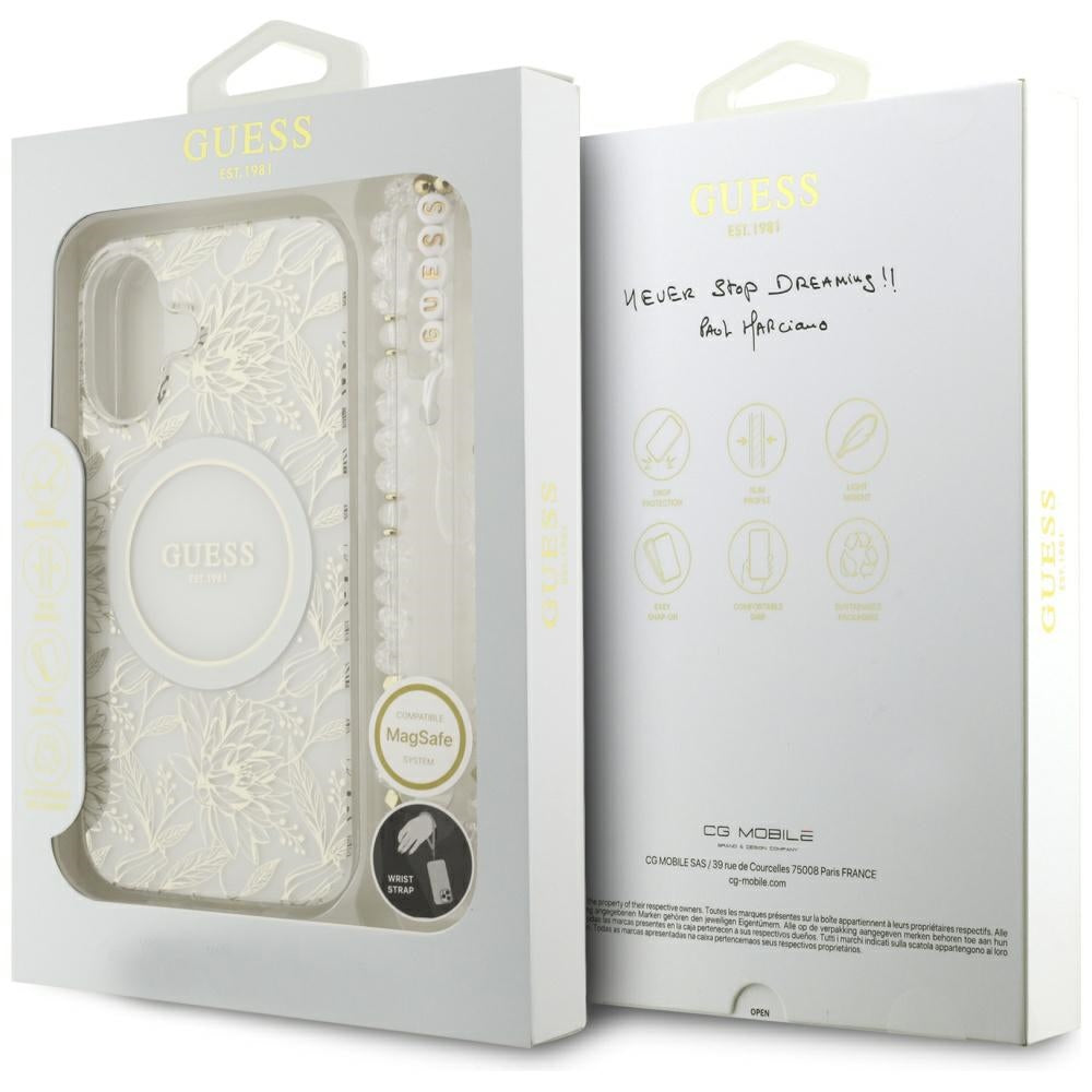 MagSafe-skal för Apple iPhone 17, Guess, IML Flowers with Pearl Strap, Vit