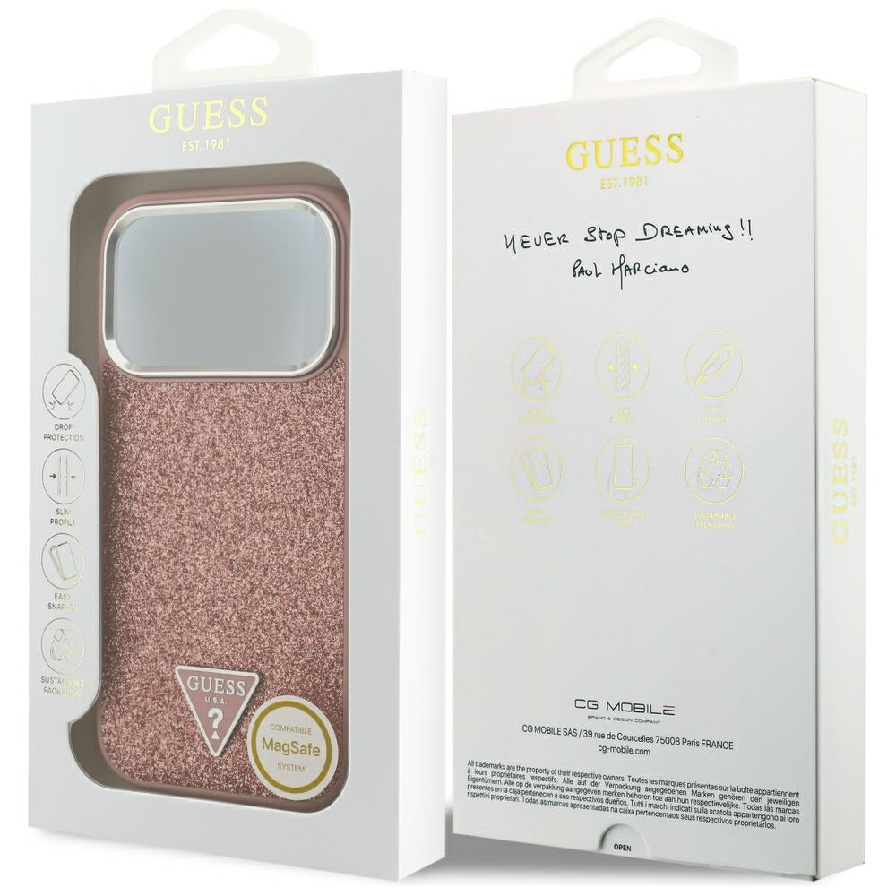 MagSafe-skal för Apple iPhone 17 Pro, Guess, Glitter Triangle Logo, Rosa