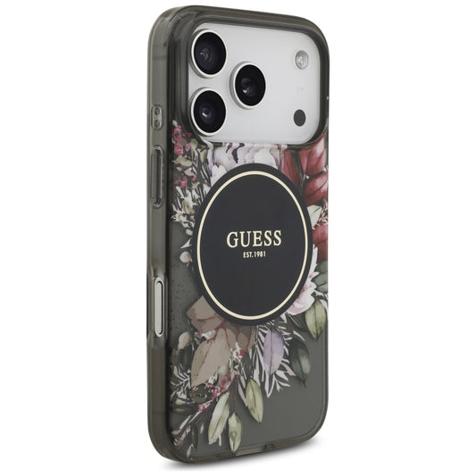 MagSafe-skal för Apple iPhone 17 Pro, Guess, IML Flowers with Pearl Strap, Svart