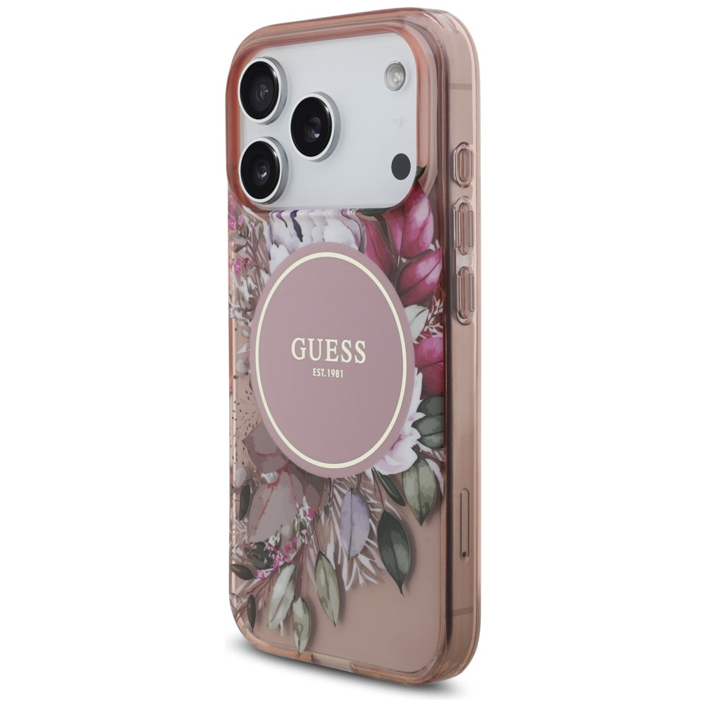 MagSafe-skal för Apple iPhone 17 Pro, Guess, IML Flowers with Pearl Strap, Rosa