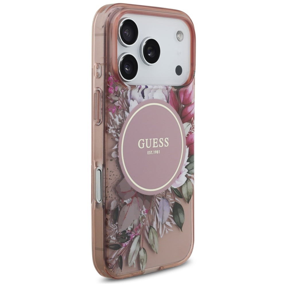 MagSafe-skal för Apple iPhone 17 Pro, Guess, IML Flowers with Pearl Strap, Rosa