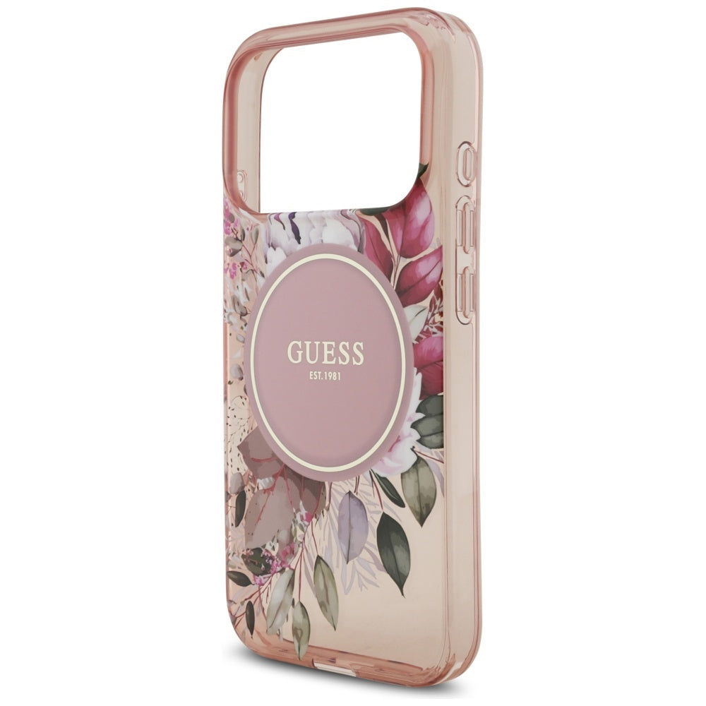 MagSafe-skal för Apple iPhone 17 Pro, Guess, IML Flowers with Pearl Strap, Rosa