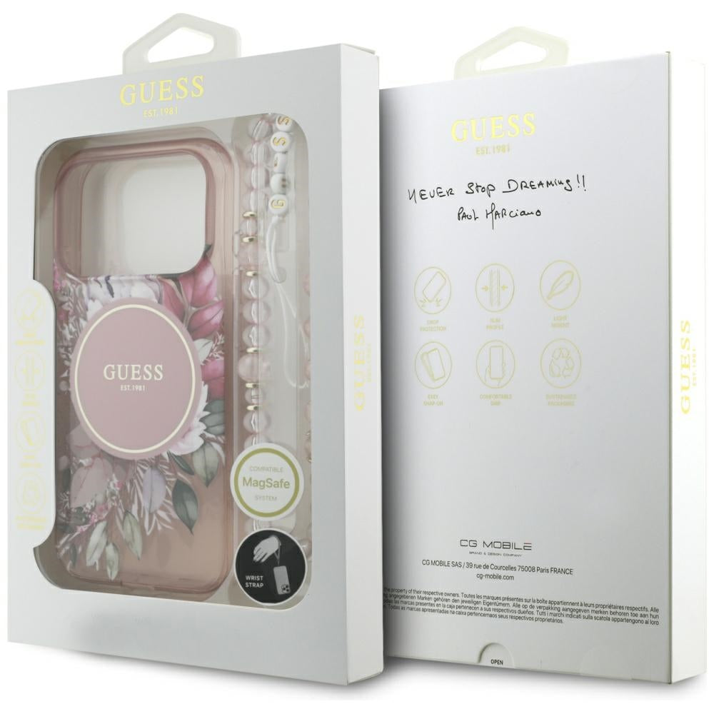 MagSafe-skal för Apple iPhone 17 Pro, Guess, IML Flowers with Pearl Strap, Rosa