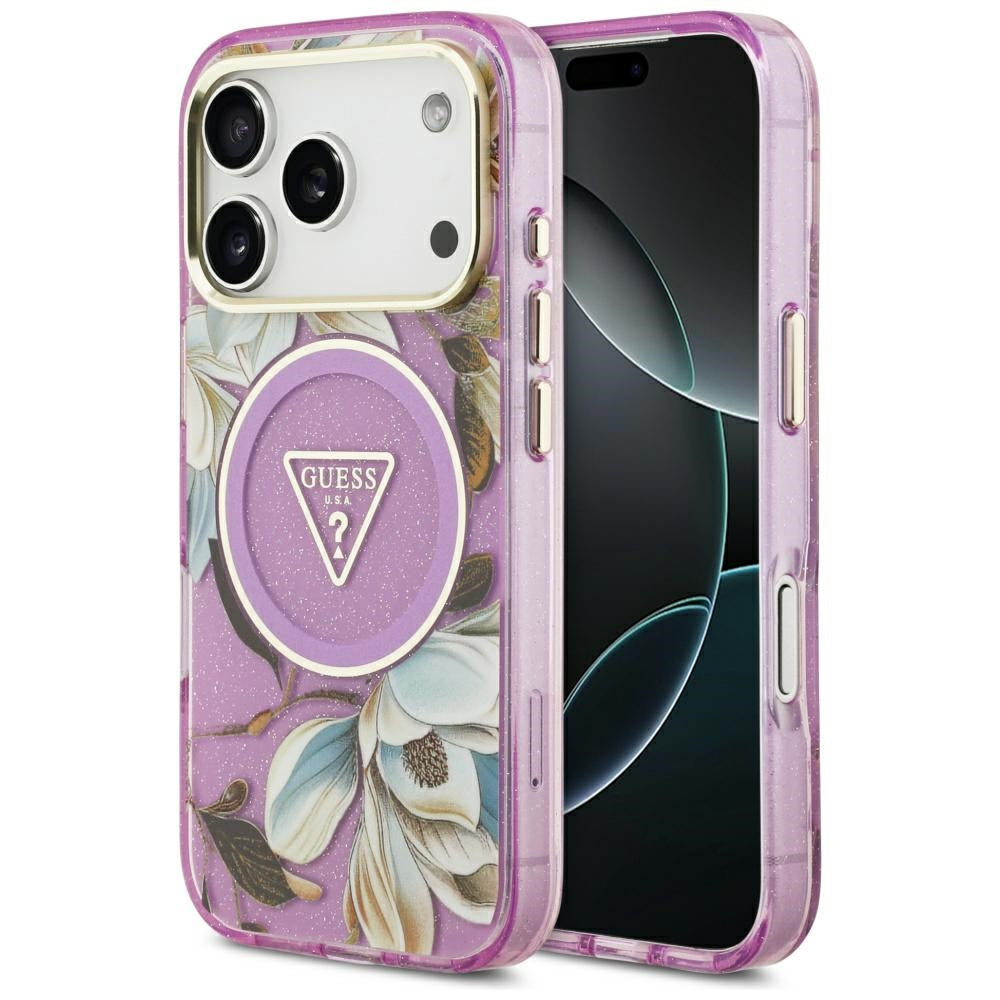 MagSafe-skal för Apple iPhone 17 Pro, Guess, IML Metal Glitter Flowers Triangle, Lila