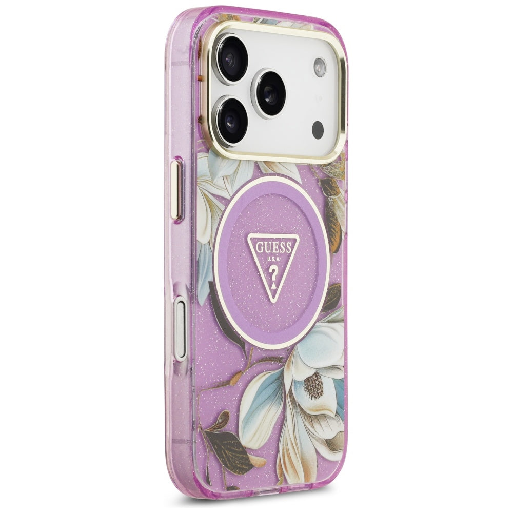 MagSafe-skal för Apple iPhone 17 Pro, Guess, IML Metal Glitter Flowers Triangle, Lila