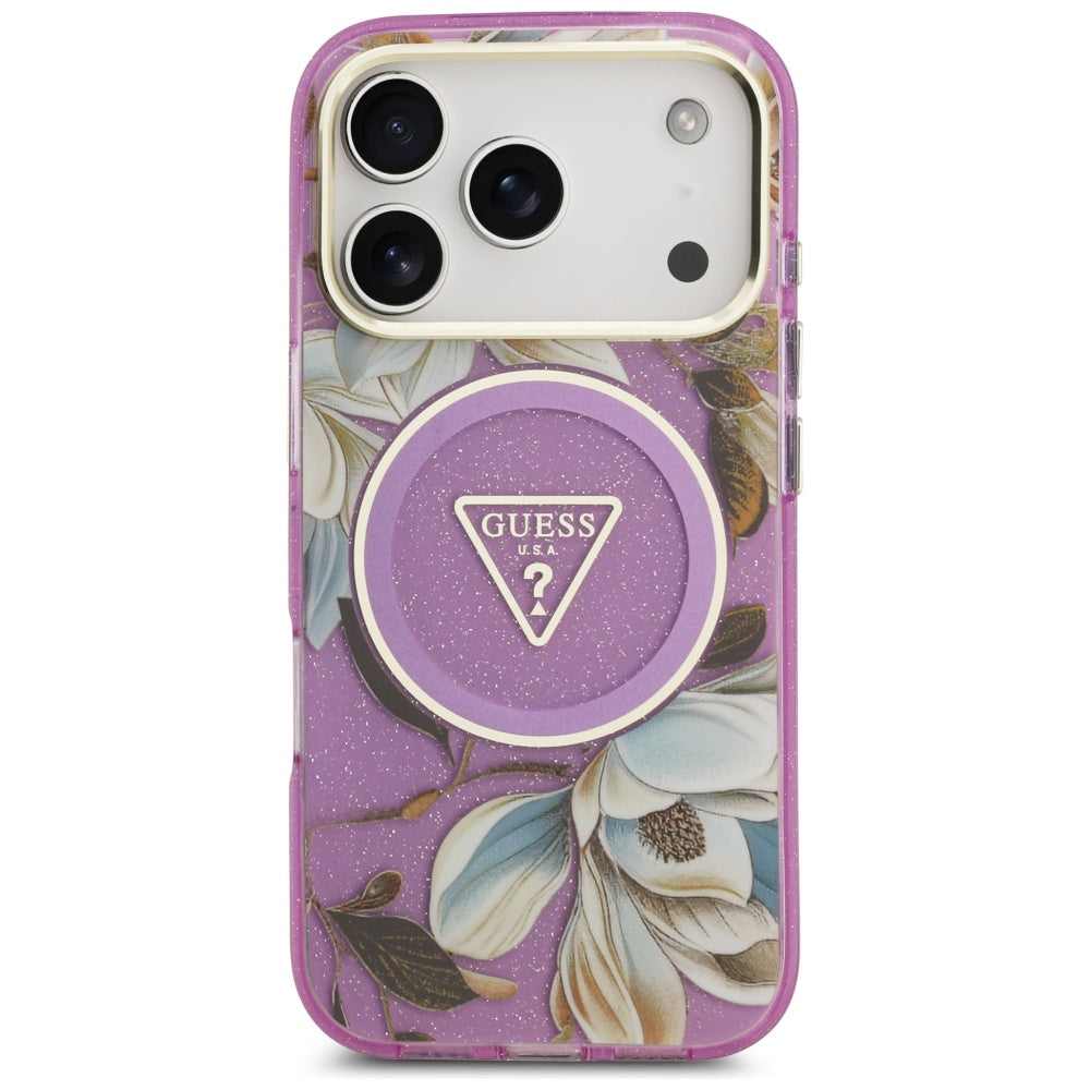 MagSafe-skal för Apple iPhone 17 Pro, Guess, IML Metal Glitter Flowers Triangle, Lila