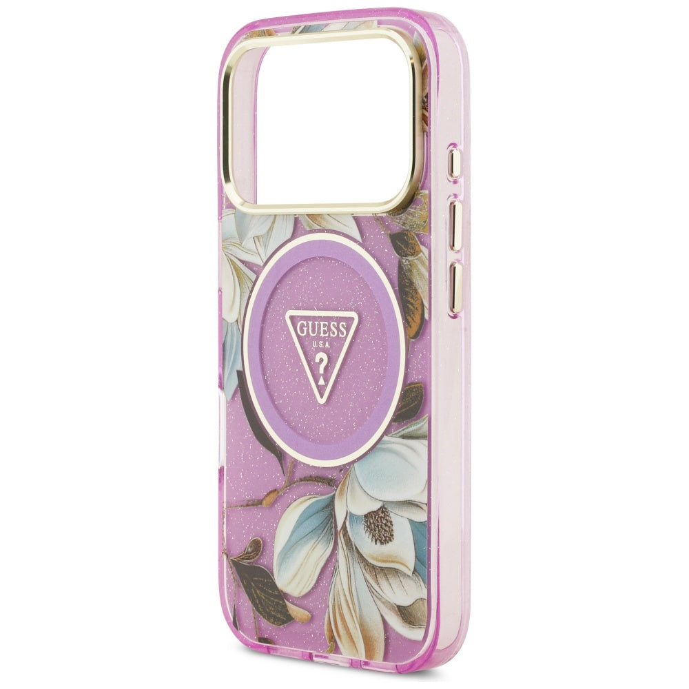 MagSafe-skal för Apple iPhone 17 Pro, Guess, IML Metal Glitter Flowers Triangle, Lila