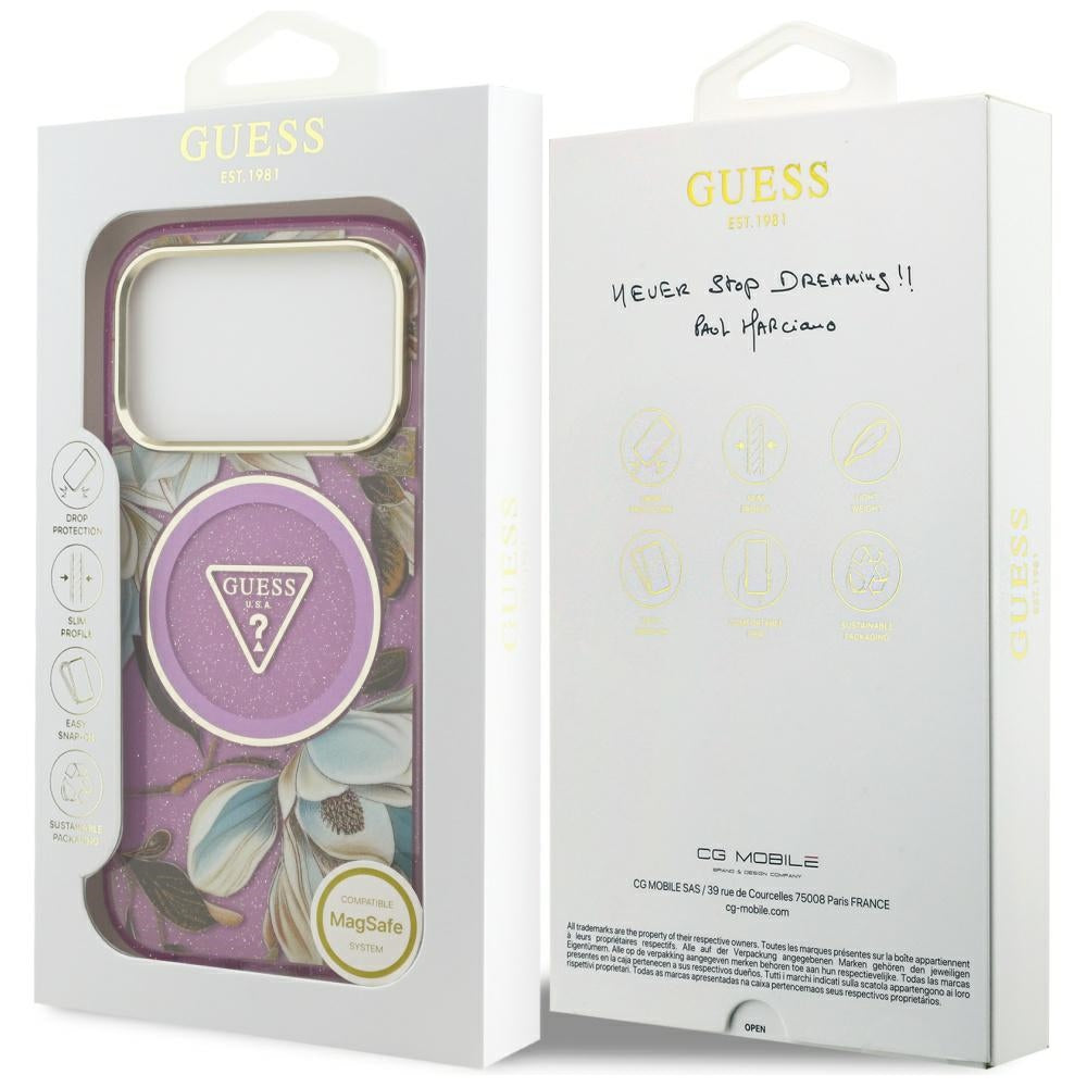 MagSafe-skal för Apple iPhone 17 Pro, Guess, IML Metal Glitter Flowers Triangle, Lila
