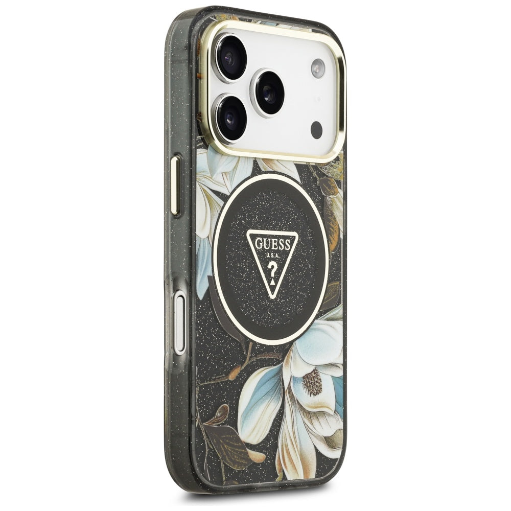 MagSafe-skal för Apple iPhone 17 Pro, Guess, IML Metal Glitter Flowers Triangle, Svart