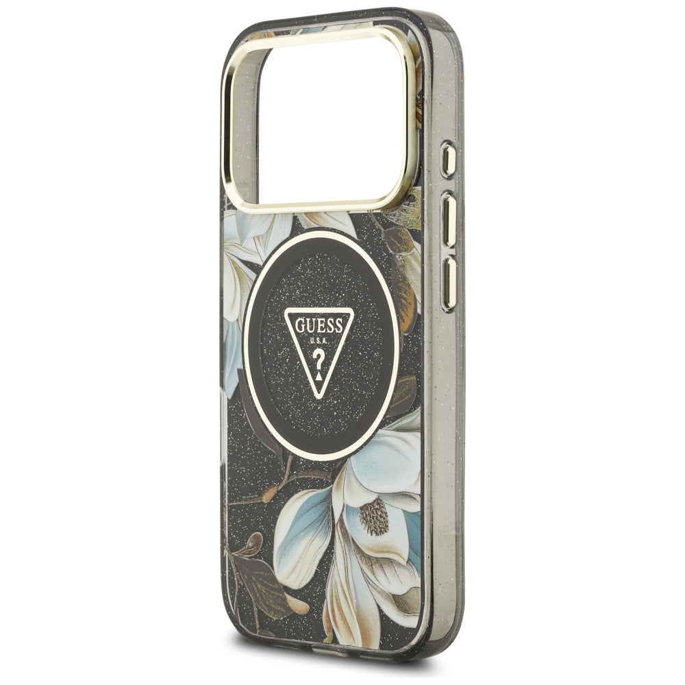 MagSafe-skal för Apple iPhone 17 Pro, Guess, IML Metal Glitter Flowers Triangle, Svart