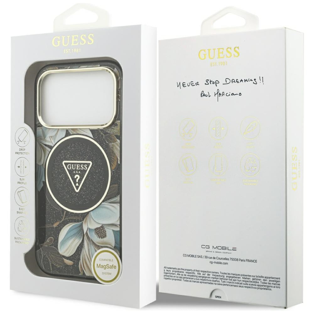 MagSafe-skal för Apple iPhone 17 Pro, Guess, IML Metal Glitter Flowers Triangle, Svart