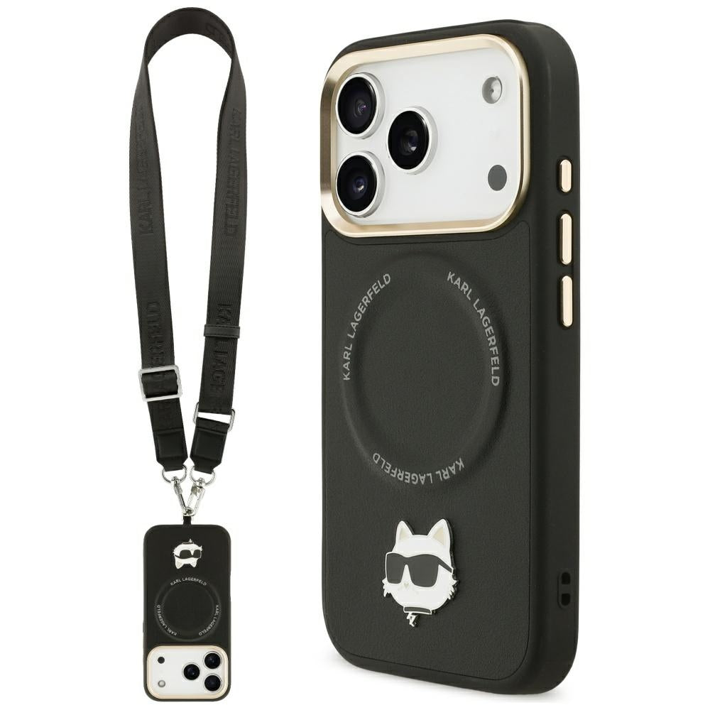 MagSafe-skal för Apple iPhone 17 Pro, Karl Lagerfeld, Big Strap Choupette Metal Logo, Svart