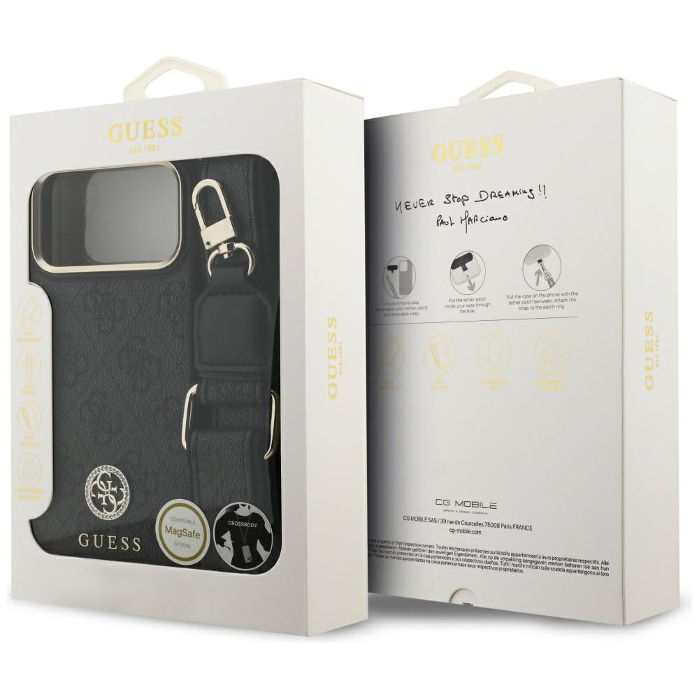 MagSafe-skal för Apple iPhone 17 Pro Max, Guess, 4G Strass Logo med Stor Rem, Svart