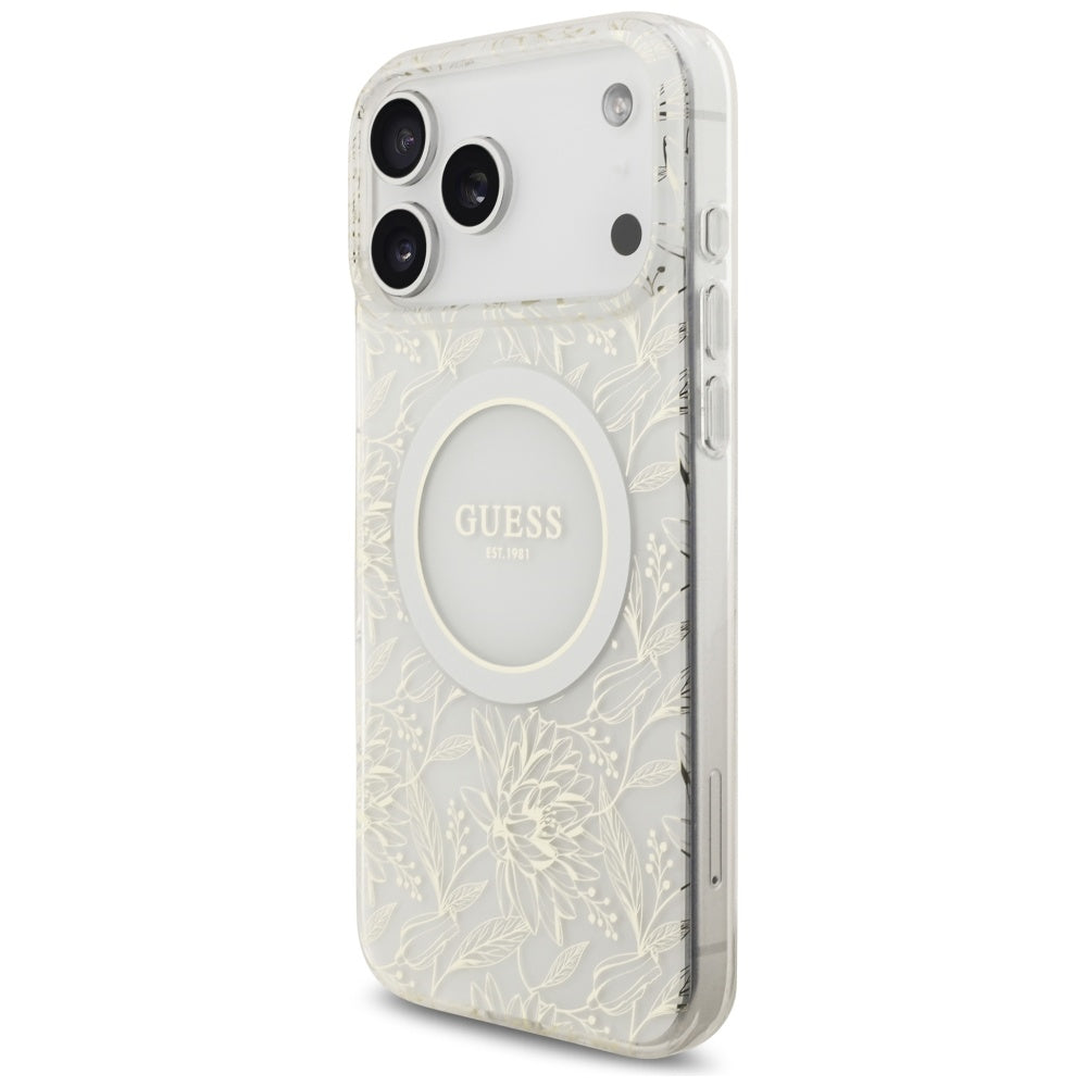 MagSafe-skal för Apple iPhone 17 Pro Max, Guess, IML Flowers Allover Electroplated with Pearl Strap, Vit