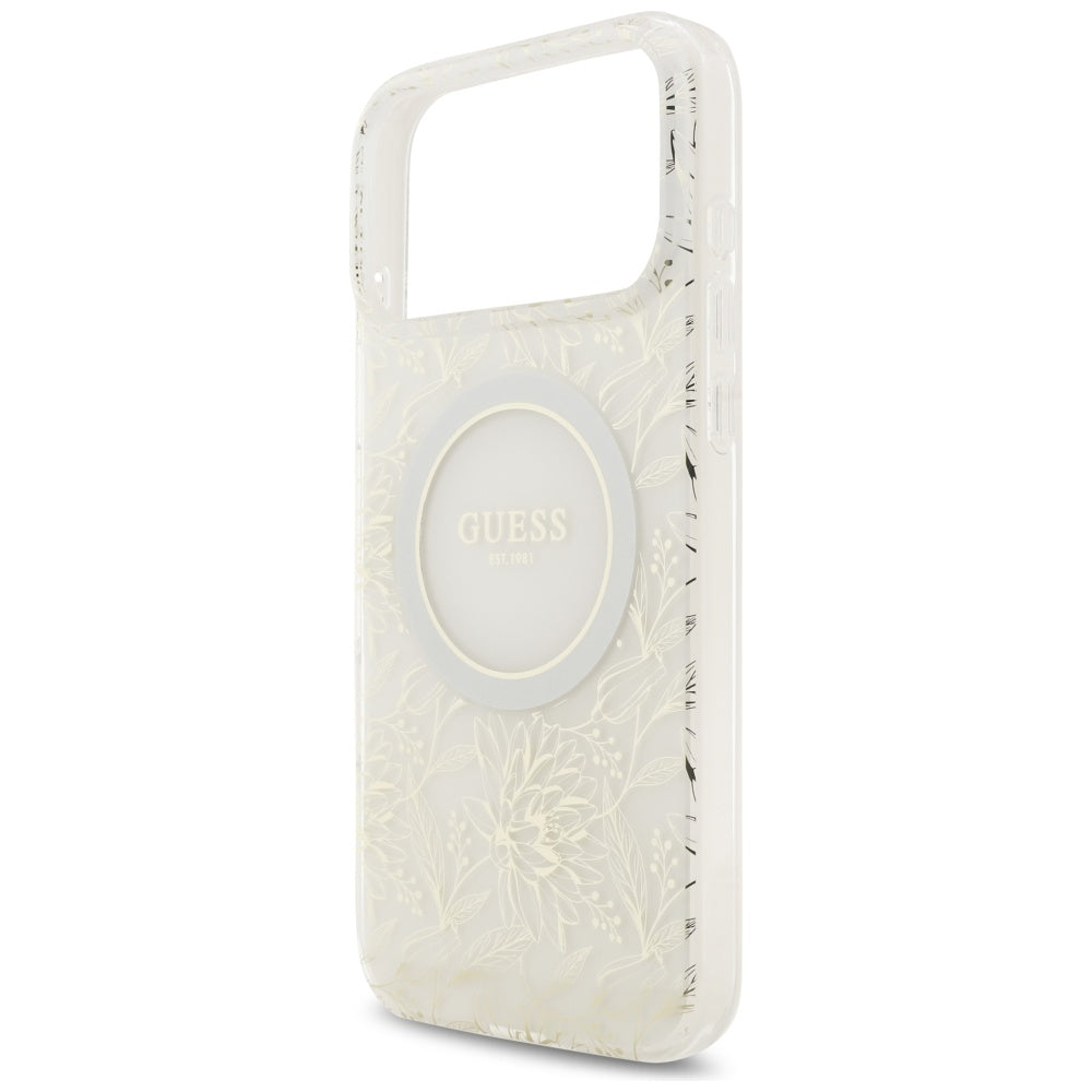 MagSafe-skal för Apple iPhone 17 Pro Max, Guess, IML Flowers Allover Electroplated with Pearl Strap, Vit