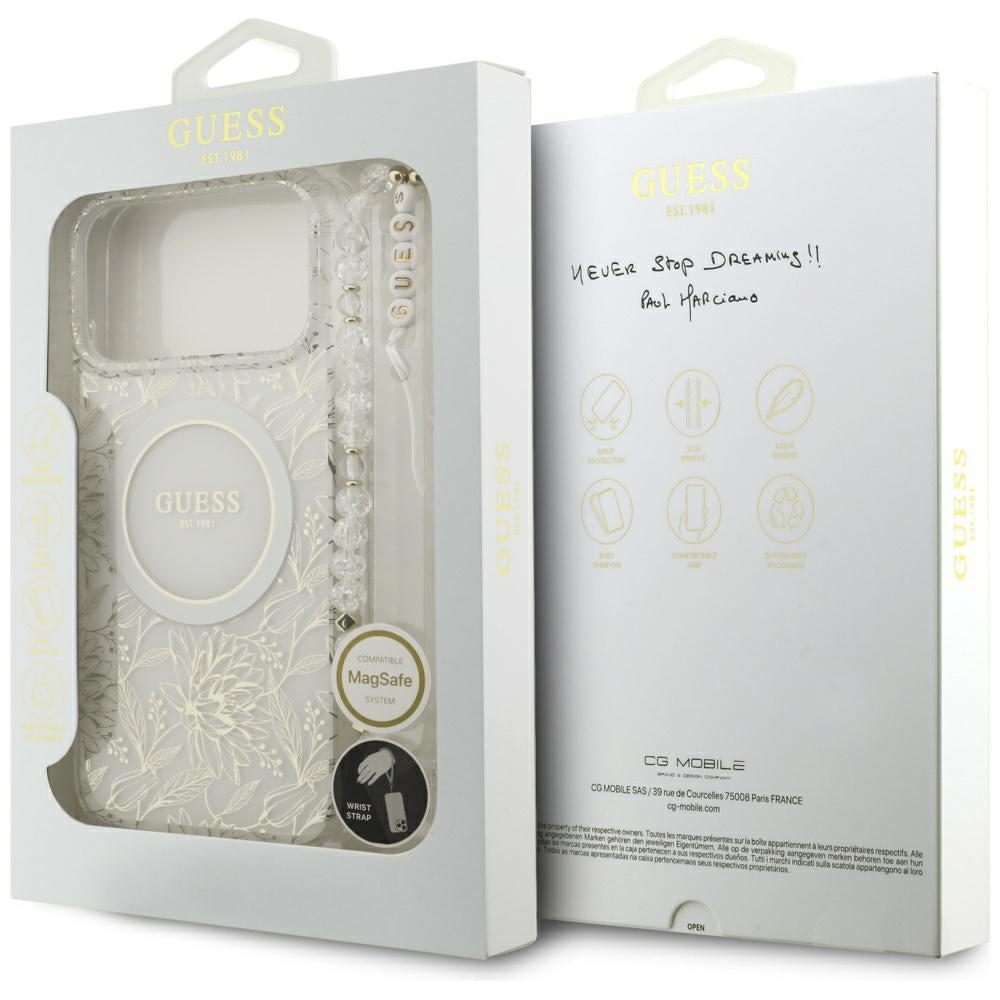 MagSafe-skal för Apple iPhone 17 Pro Max, Guess, IML Flowers Allover Electroplated with Pearl Strap, Vit