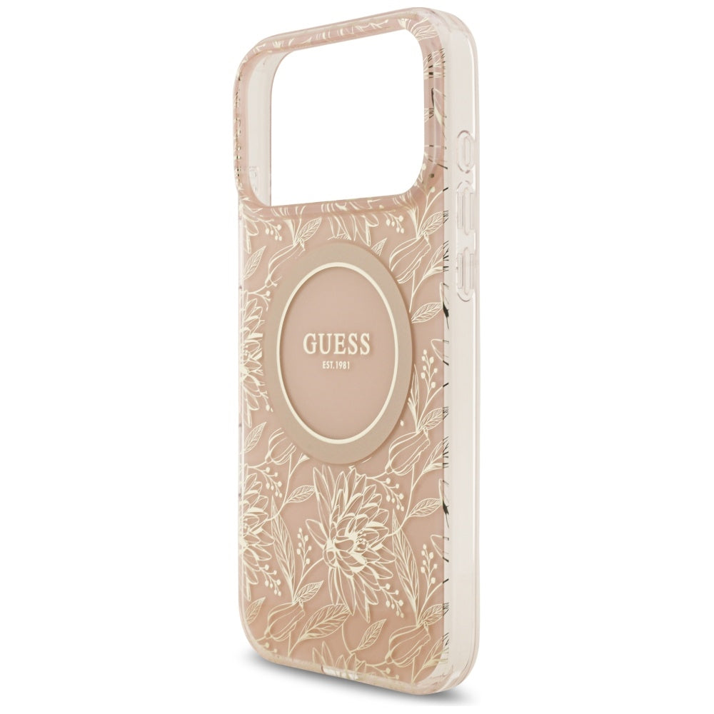 MagSafe-skal för Apple iPhone 17 Pro Max, Guess, IML Flowers Allover Electroplated with Pearl Strap, Rosa